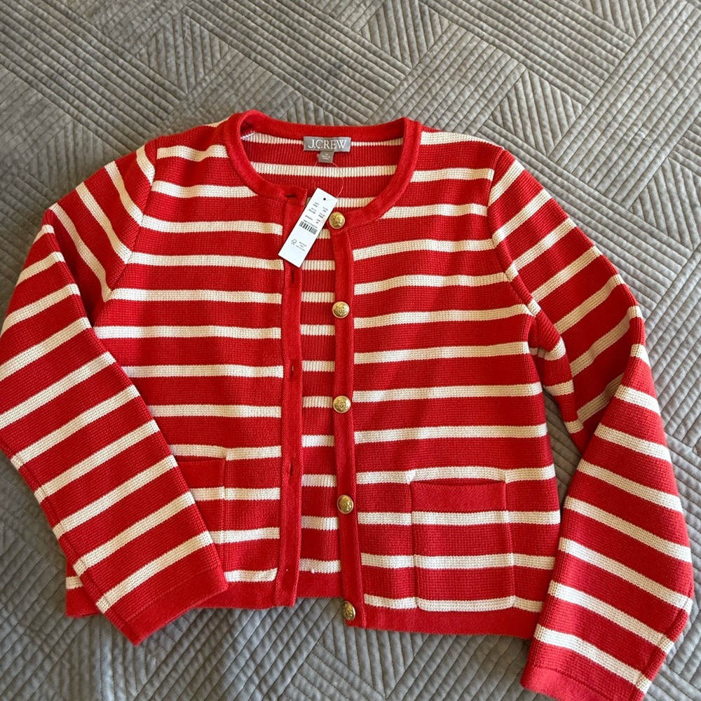 J. Crew Red and White Striped Cropped Jacket